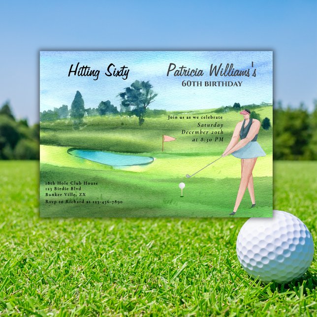Invitación Mujer golfista golpeando cumpleaños 60 (Subido por el creador)