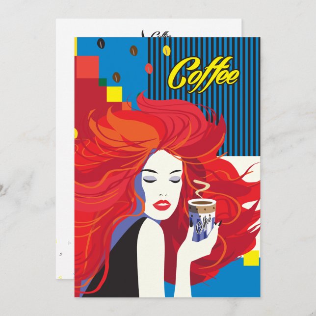 Invitación "Mujer Hermosa de Moda con Taza de Café" Arte Pop (Anverso / Reverso)