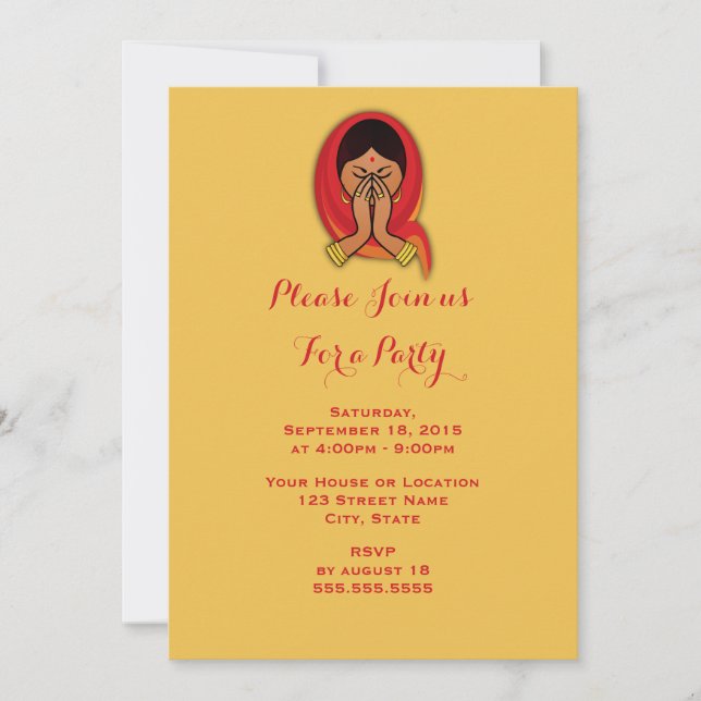 Invitación Mujer hindú en pose Namaste Fiesta genérica (Anverso)