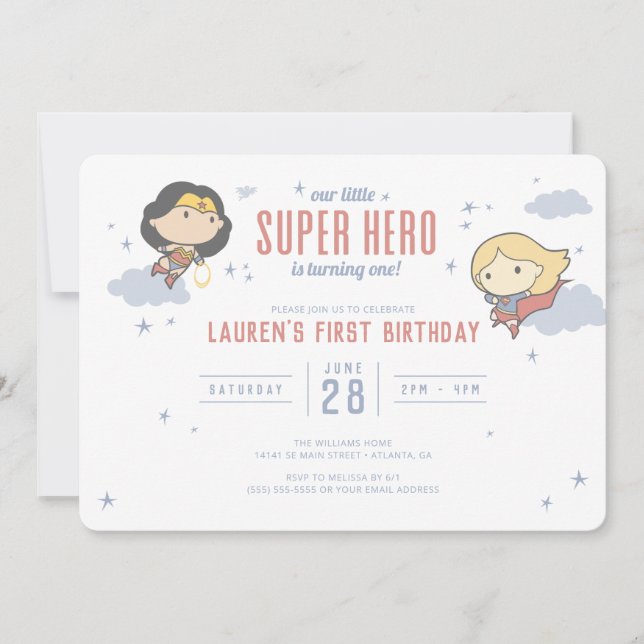 Invitación Mujer Maravilla y superchica | Cumpleaños de Super (Anverso)