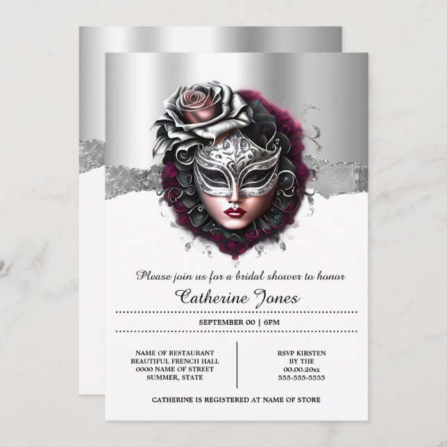 Invitación Mujer mascarada máscara burdeos carnaval de plata (Anverso / Reverso)