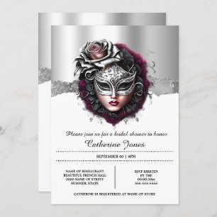 Invitación Mujer mascarada máscara burdeos carnaval de plata