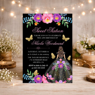 Invitación Mujer Morena con Vestido Floral Mexicano Cumple 16