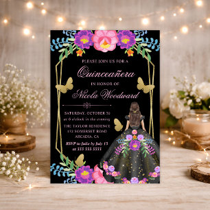 Invitación Mujer Morena Vestido Floral Mexicano Quinceañera