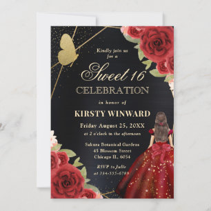 Invitación Mujer Morena Vestido Rojo Cumpleaños Dulces 16