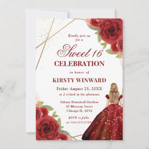 Invitación Mujer Morena Vestido Rojo Flores Sweet 16