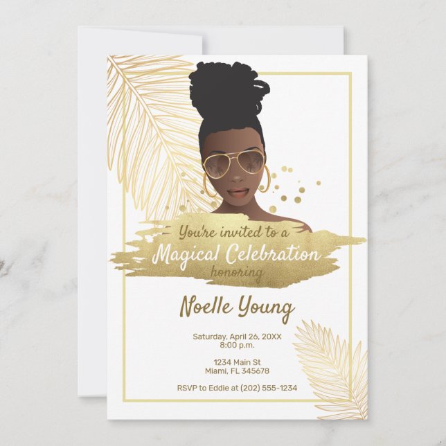 Invitación Mujer negra con sombras, cumpleaños dorado tropica (Anverso)