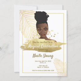 Invitación Mujer negra con sombras, cumpleaños dorado tropica