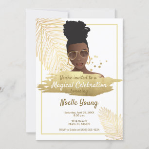 Invitación Mujer negra con sombras, cumpleaños dorado tropica