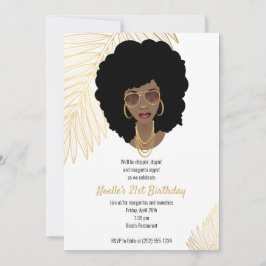 Invitación Mujer negra con sombras, oro tropical 21 cumpleaño