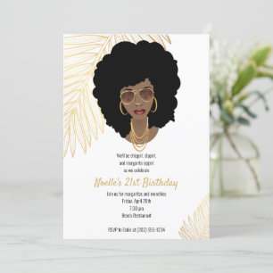 Invitación Mujer negra con sombras, oro tropical 21 cumpleaño