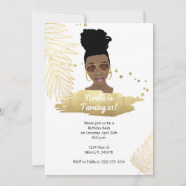 Invitación Mujer negra con sombras, oro tropical 21 cumpleaño