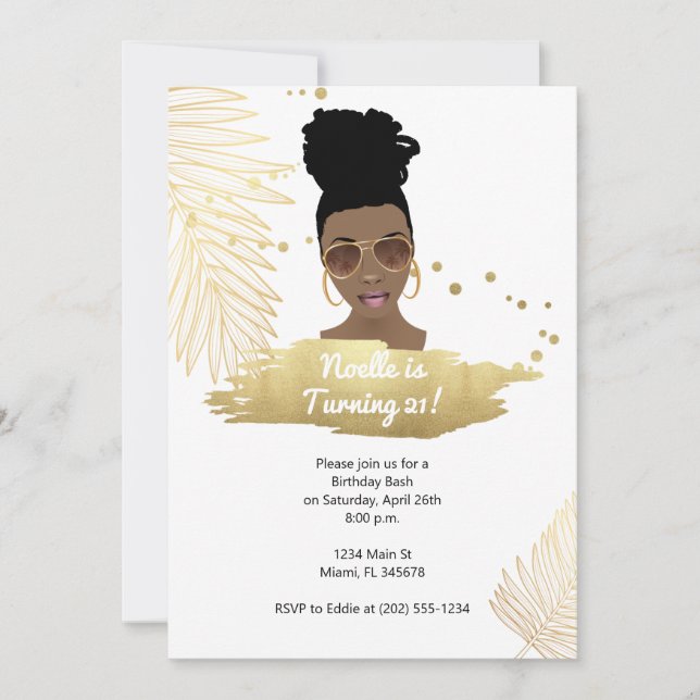 Invitación Mujer negra con sombras, oro tropical 21 cumpleaño (Anverso)