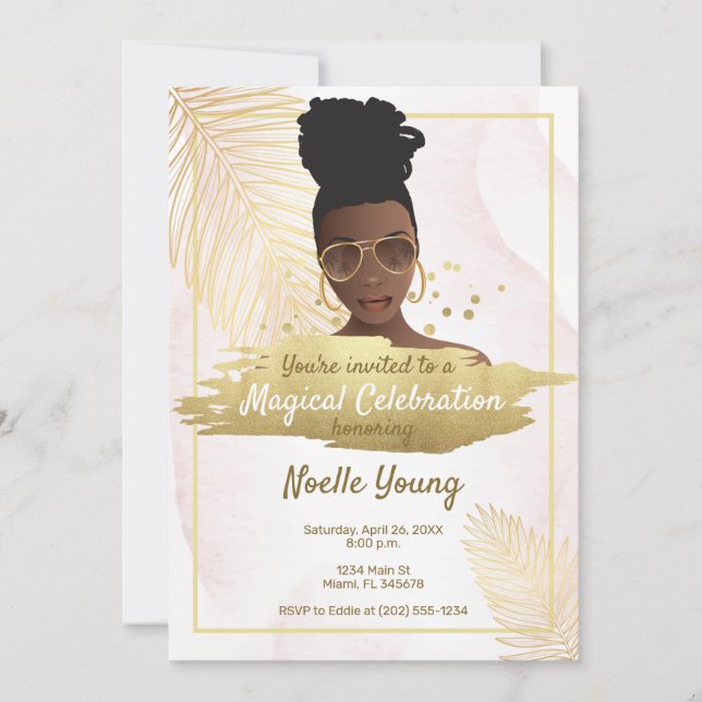 Invitación Mujer negra, cumpleaños tropical dorado rosado (Anverso)