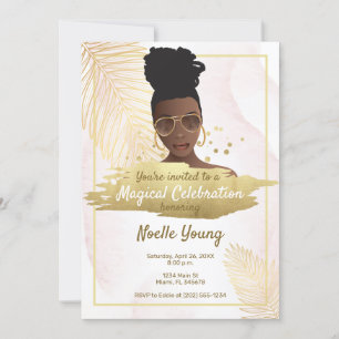Invitación Mujer negra, cumpleaños tropical dorado rosado