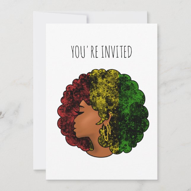Invitación Mujer negra rasta afro rojo amarillo verde  (Anverso)