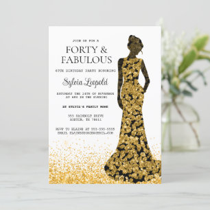 Invitación Mujer negra y dorada vestida con 40 años