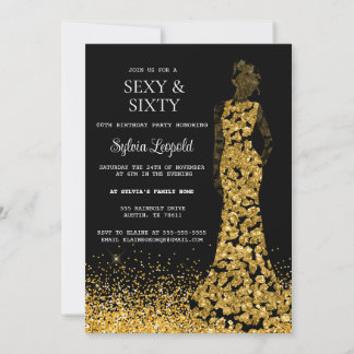 Invitación Mujer negra y dorada vestida con 60 años