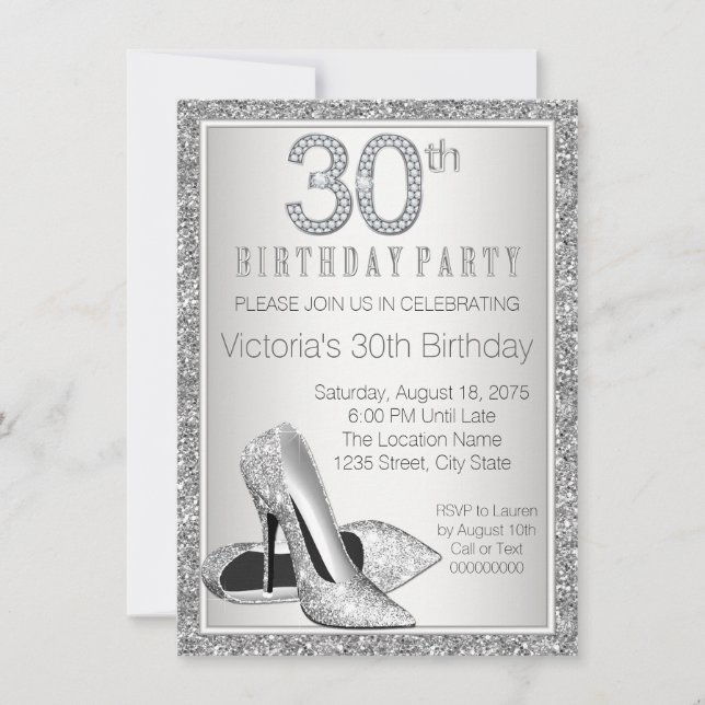 Invitación Mujer Purpurina Plata Zapato de tacón 30 cumpleaño (Anverso)
