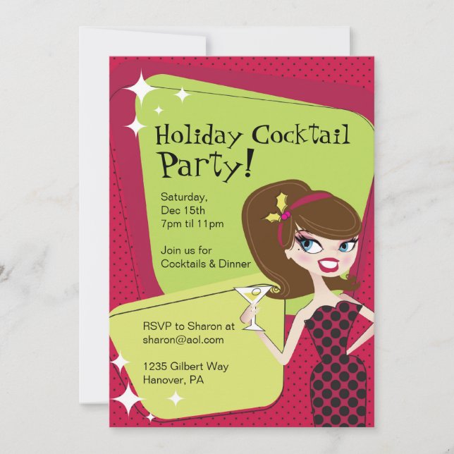 Invitación Mujer retra del cóctel del día de fiesta con (Anverso)