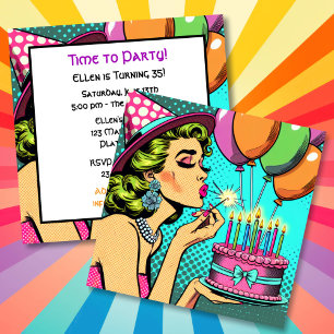 Invitación Mujer retro de arte pop en una fiesta de cumpleaño