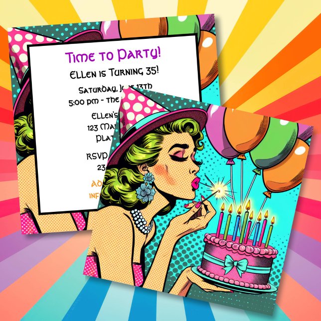 Invitación Mujer retro de arte pop en una fiesta de cumpleaño (Subido por el creador)