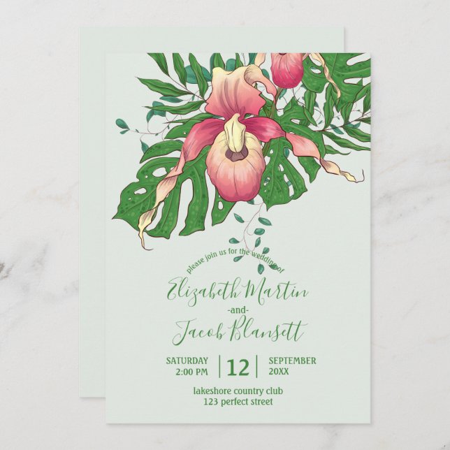 Invitación Mujer rosa/amarilla Slipper Orquid Boda verde (Anverso / Reverso)
