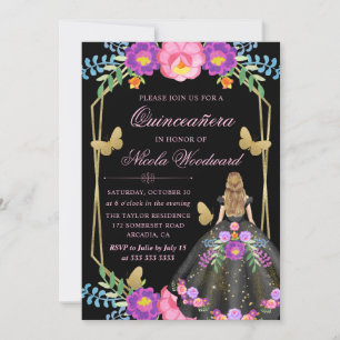 Invitación Mujer rubia Vestido floral mexicano Quinceañera