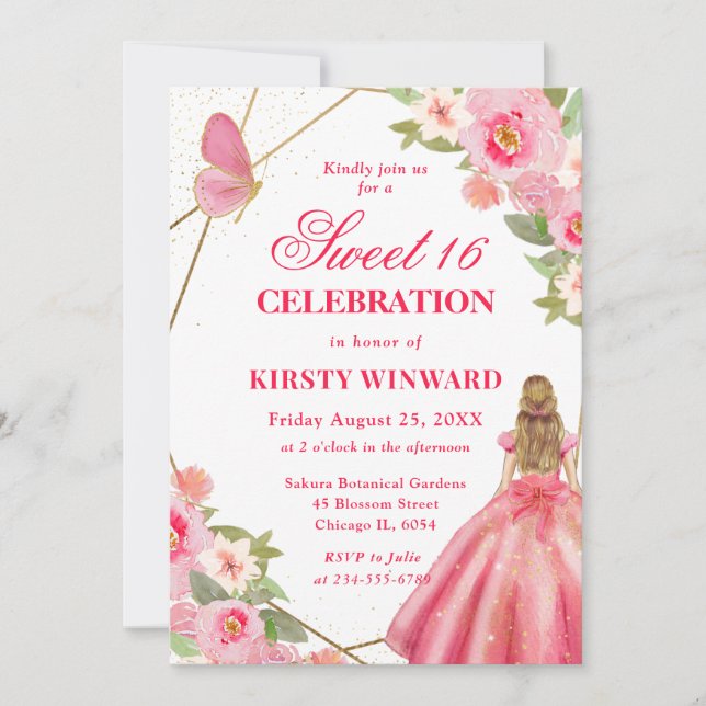 Invitación Mujer Rubia Vestido Rosa Flores Dulces 16 (Anverso)