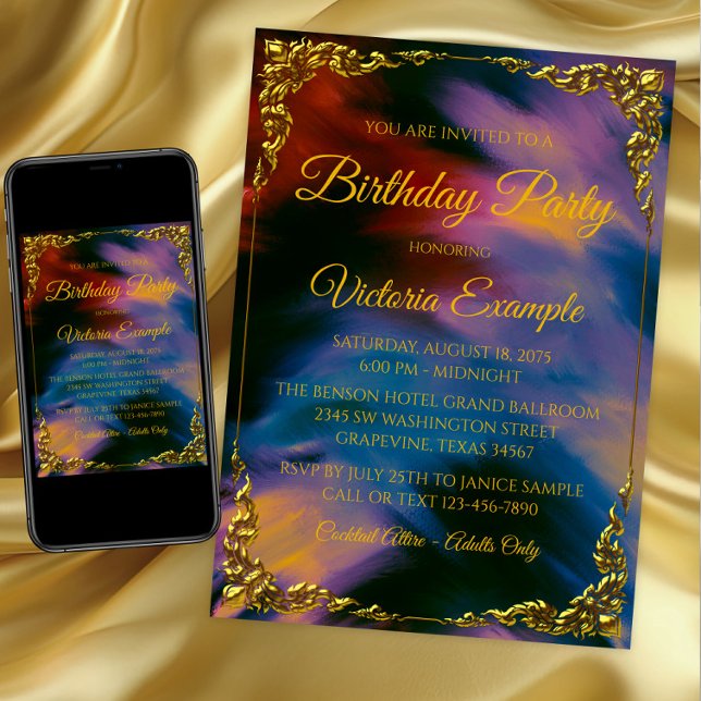 Invitación Mujer Sunset Jewel Paint Strokes Fiesta de cumplea (Jewel tone and gold any event invitation. Instant download and printed invitations available.)
