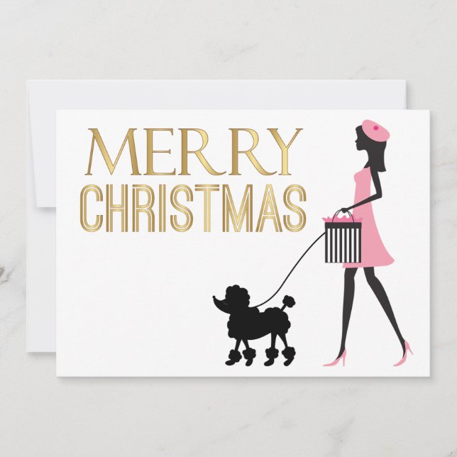 Invitación Mujer veneciana con caniche negro rosa Feliz Navid (Anverso)