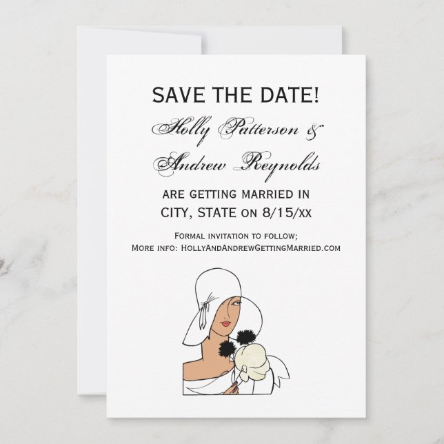 Invitación Mujer Vintage Art Deco con Flores que Lleva Sombre (Anverso)