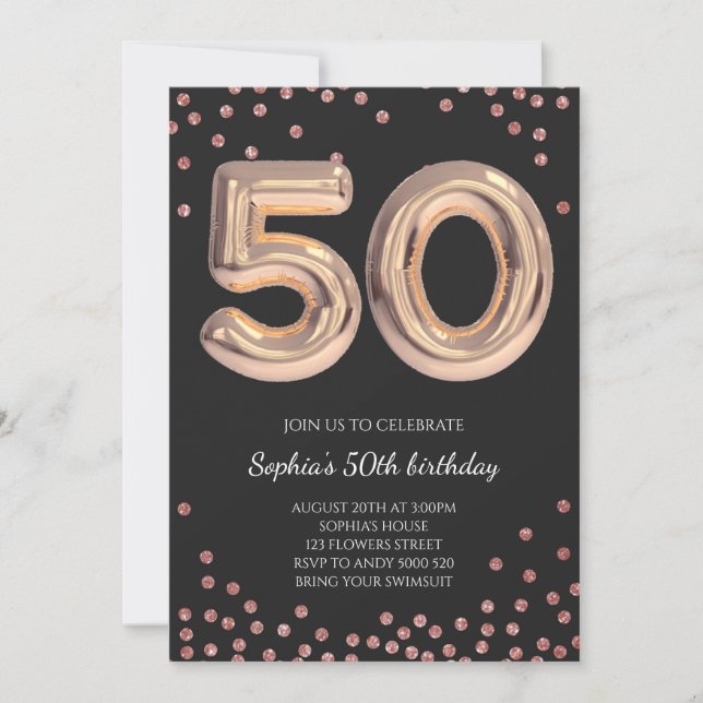 Invitación Mujeres 50 años Cincuenta Rosas Oro Elegante (Anverso)