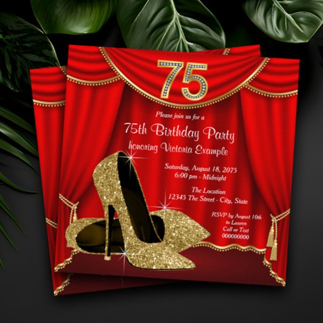 Invitación Mujeres 75 años (Womans elegant red and gold 75th birthday party invitation. Simply add your event details.)
