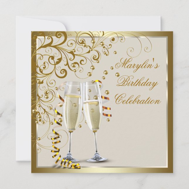 Invitación Mujeres de marfil de oro elegante cumpleaños de cr (Anverso)