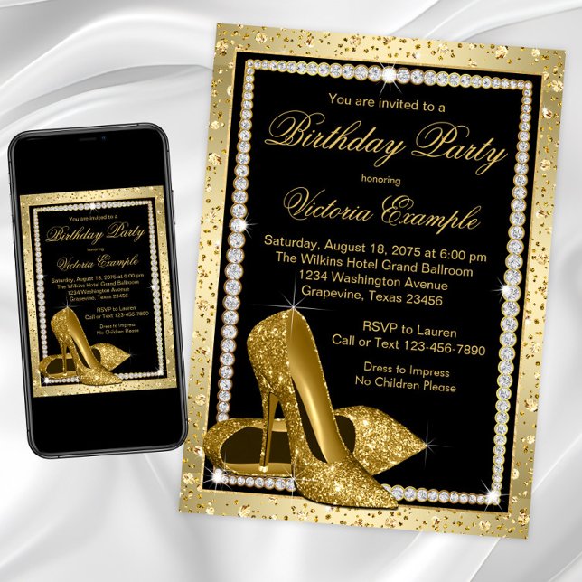 Invitación Mujeres Elegante Black Gold High Heel Shoel Cumple (Womans black and gold high heel shoe birthday party invitation. Gold shoes diamonds birthday invite.)