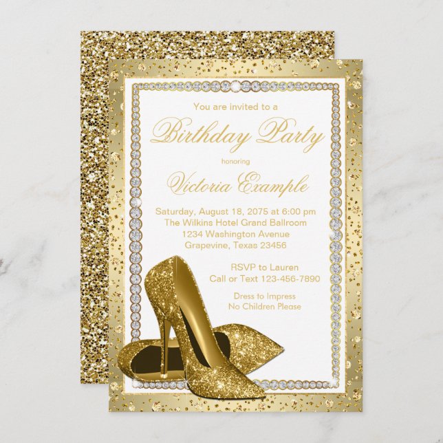 Invitación Mujeres Elegante Oro Blanco Alto zapatos Cumpleaño (Anverso / Reverso)