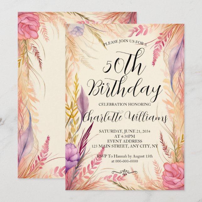 Invitación Mujeres florales modernas 50 años (Anverso / Reverso)