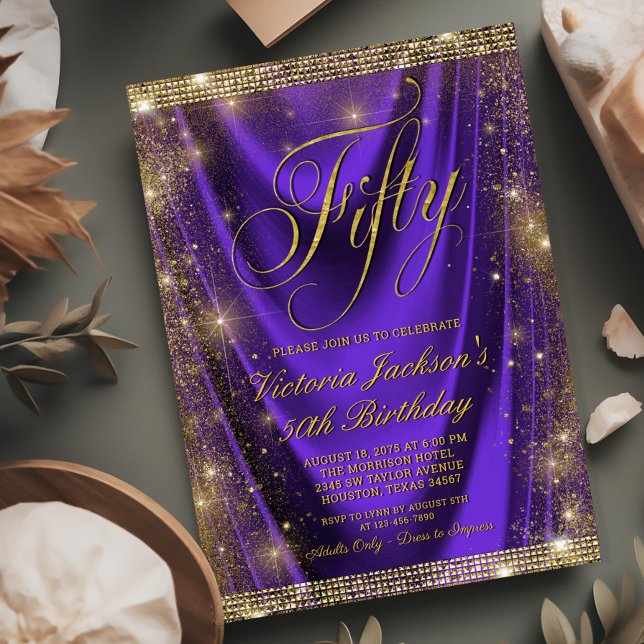 Invitación Mujeres Glam Purple Gold 50 cumpleaños (Need a different year? Simply send us a message.)
