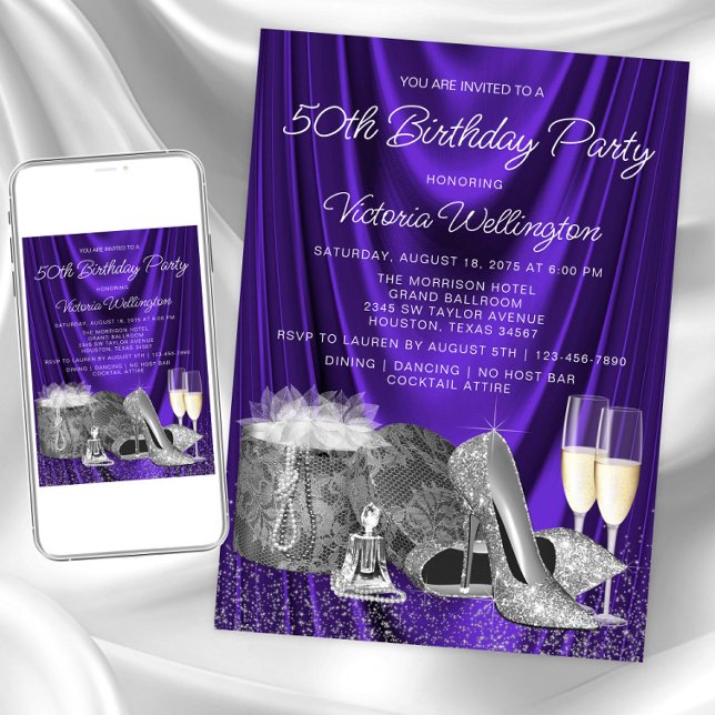 Invitación Mujeres Morado Plata Zapato Champagne Cumpleaños (Womans purple silver any birthday invitation. Instant download and printed invitations available.)