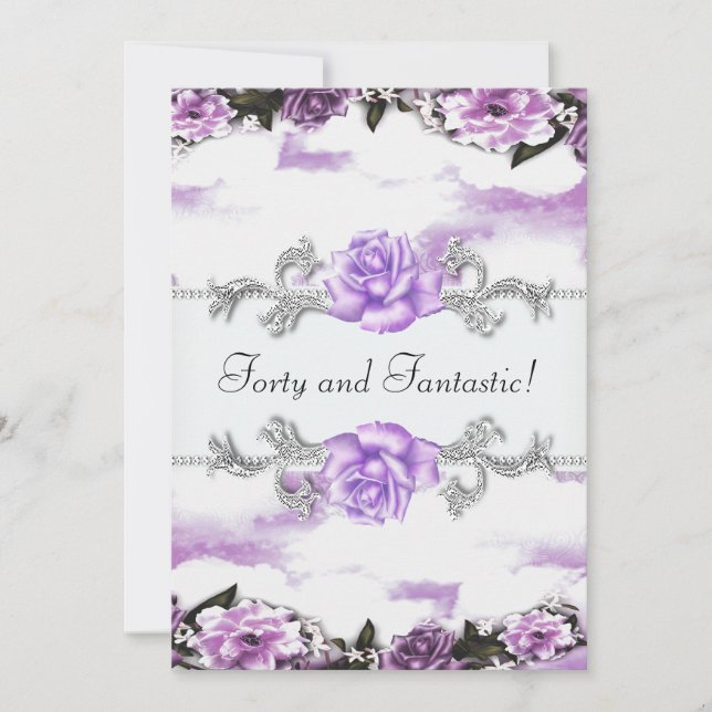 Invitación Mujeres Rosas de Lavanda Púrpura 40 Fiesta de cump (Anverso)