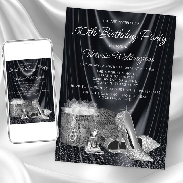 Invitación Mujeres Zapato de plata negro cualquier número Cum (Womans black silver birthday invitation. Instant download and printed invitations available.)