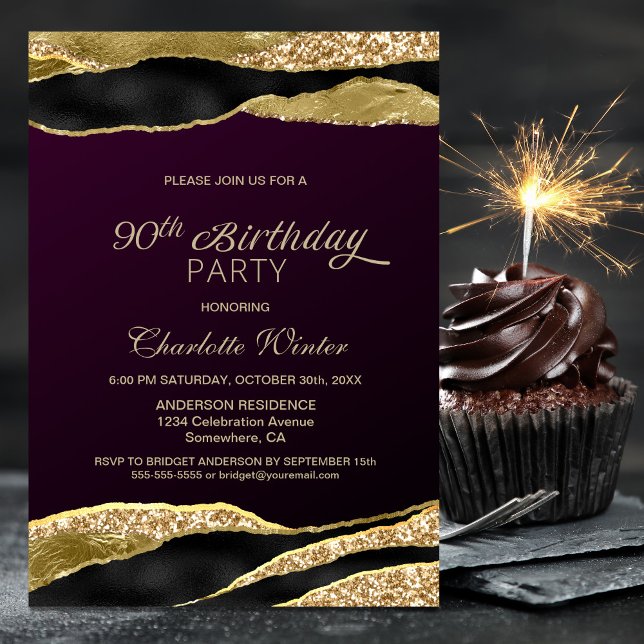 Invitación Mulberry Gold Purpurina 90 cumpleaños (Subido por el creador)