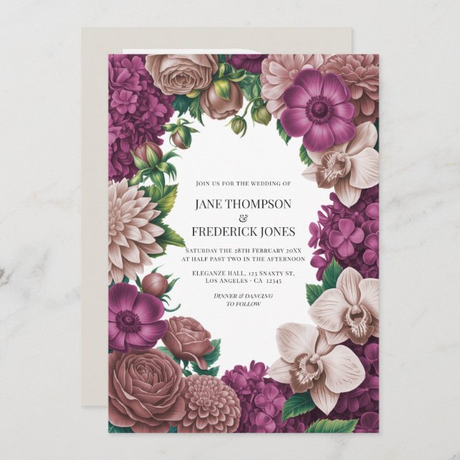 Invitación Mulberry, Mauve Clay & Soft Fig Wedding Invitation (Anverso / Reverso)