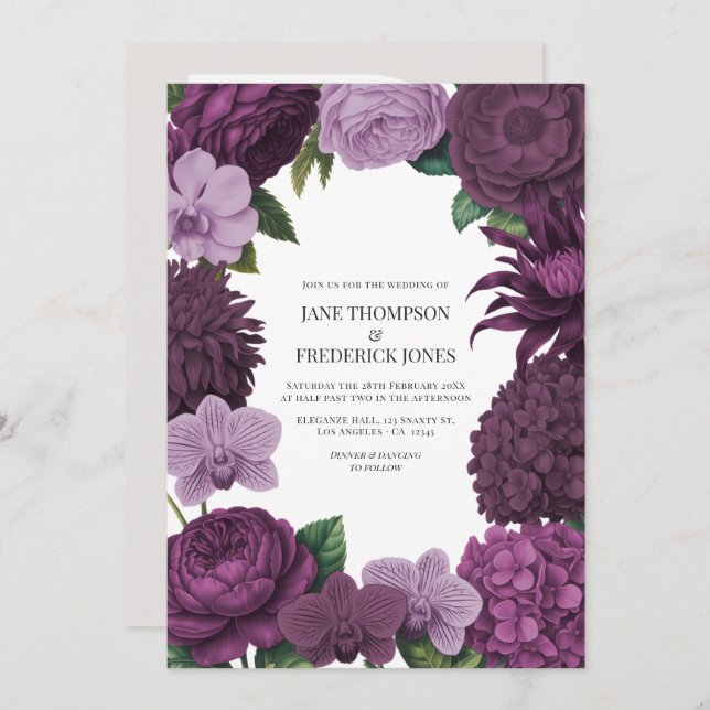 Invitación Mulberry Wine, Deep Fig & Dusty Lavender Wedding (Anverso / Reverso)