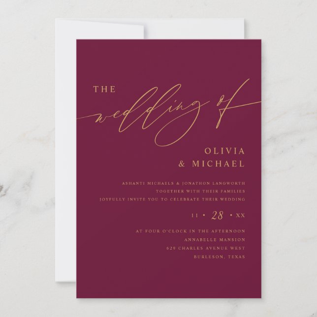 Invitación Mulberry y Gold Elegant Wedding (Anverso)
