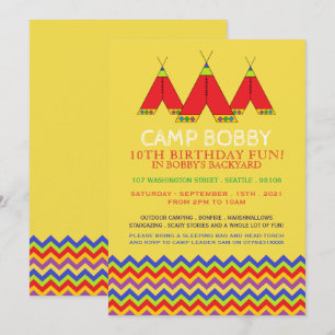 Invitación Multicolor Chevron Tipi, cumpleaños de camping
