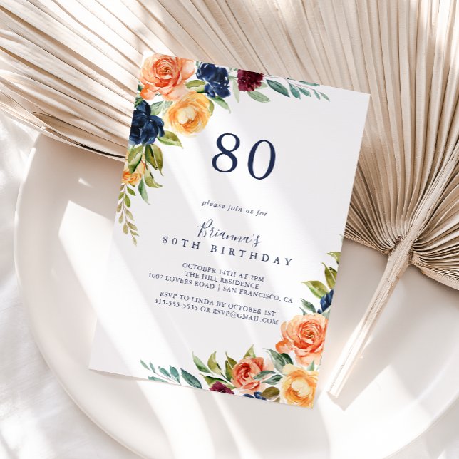 Invitación Multicolor Elegante Floral 80 cumpleaños (Subido por el creador)