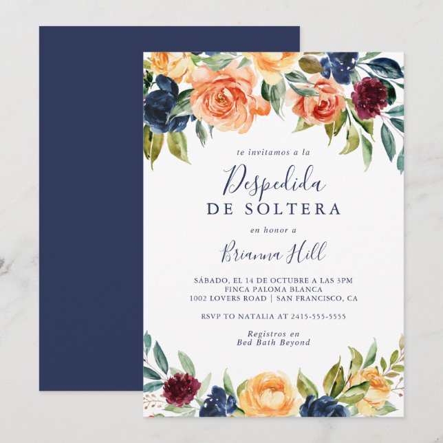 Invitación Multicolor Elegante Floral Española Ducha Bridal (Anverso / Reverso)