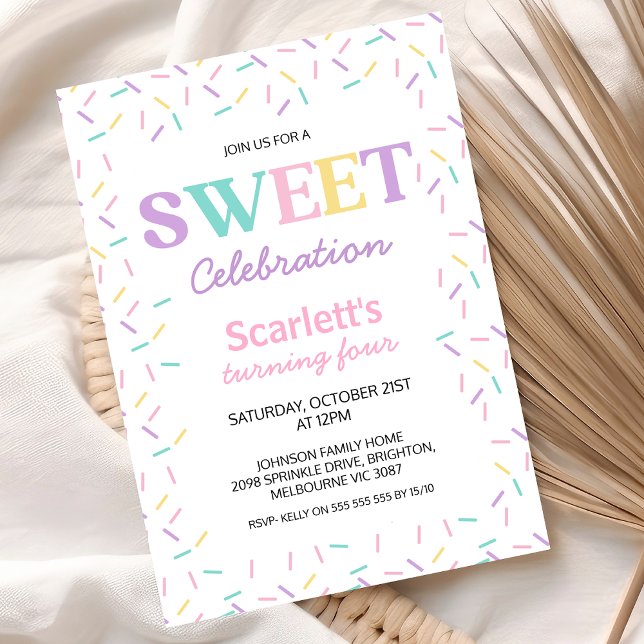 Invitación Multicolored Sprinkles Sweet Celebration Cumpleaño (Multicolored Sprinkle Sweet Celebration Birthday Invitation For Girl, Sweets Themed Birthday Party )